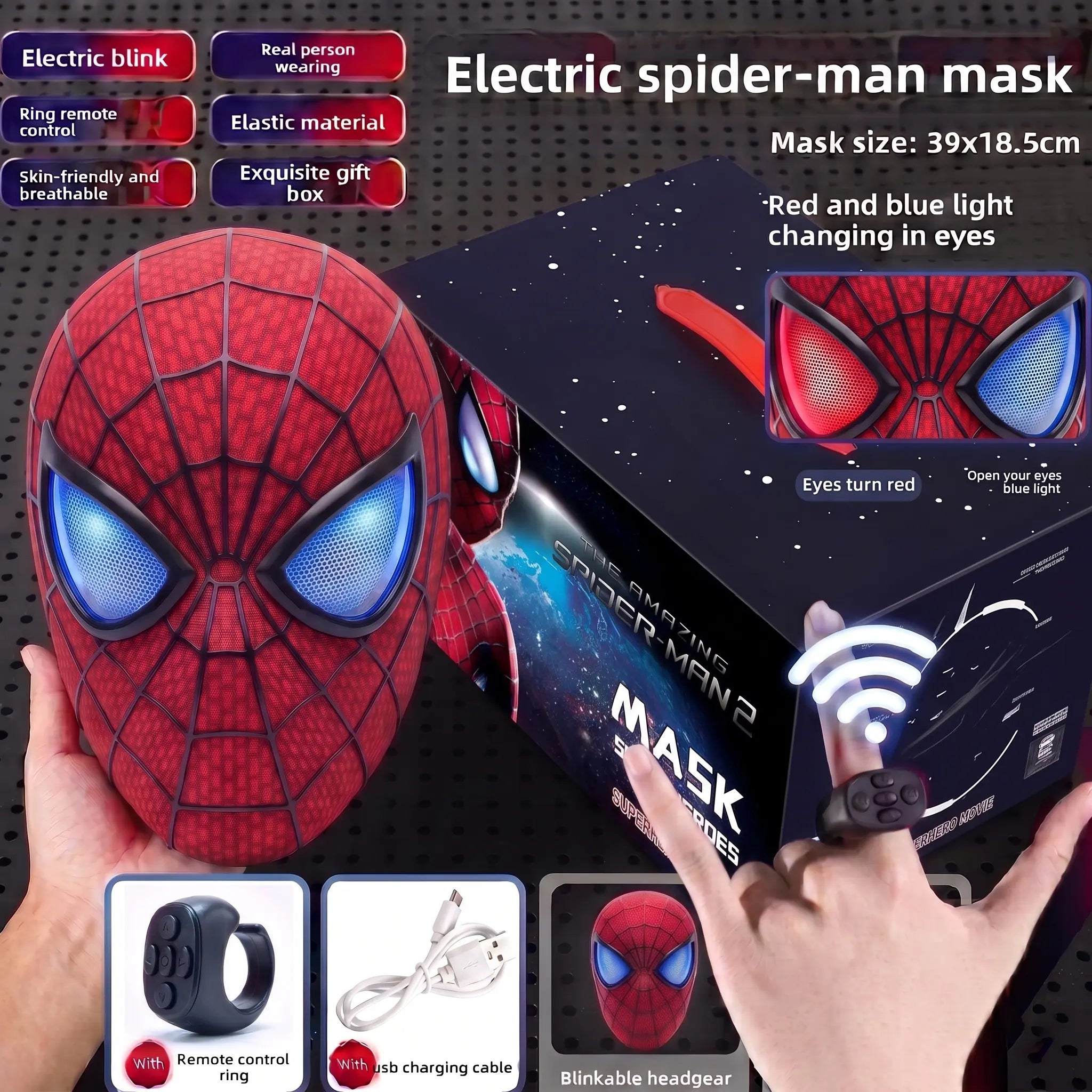 Cool Hero Mask Remote Control Skin-friendly Red & BlueLights Perfect for Cosplay, Halloween, Festivals, Parties -26cm x 19cm x 11cm - Plastic Material