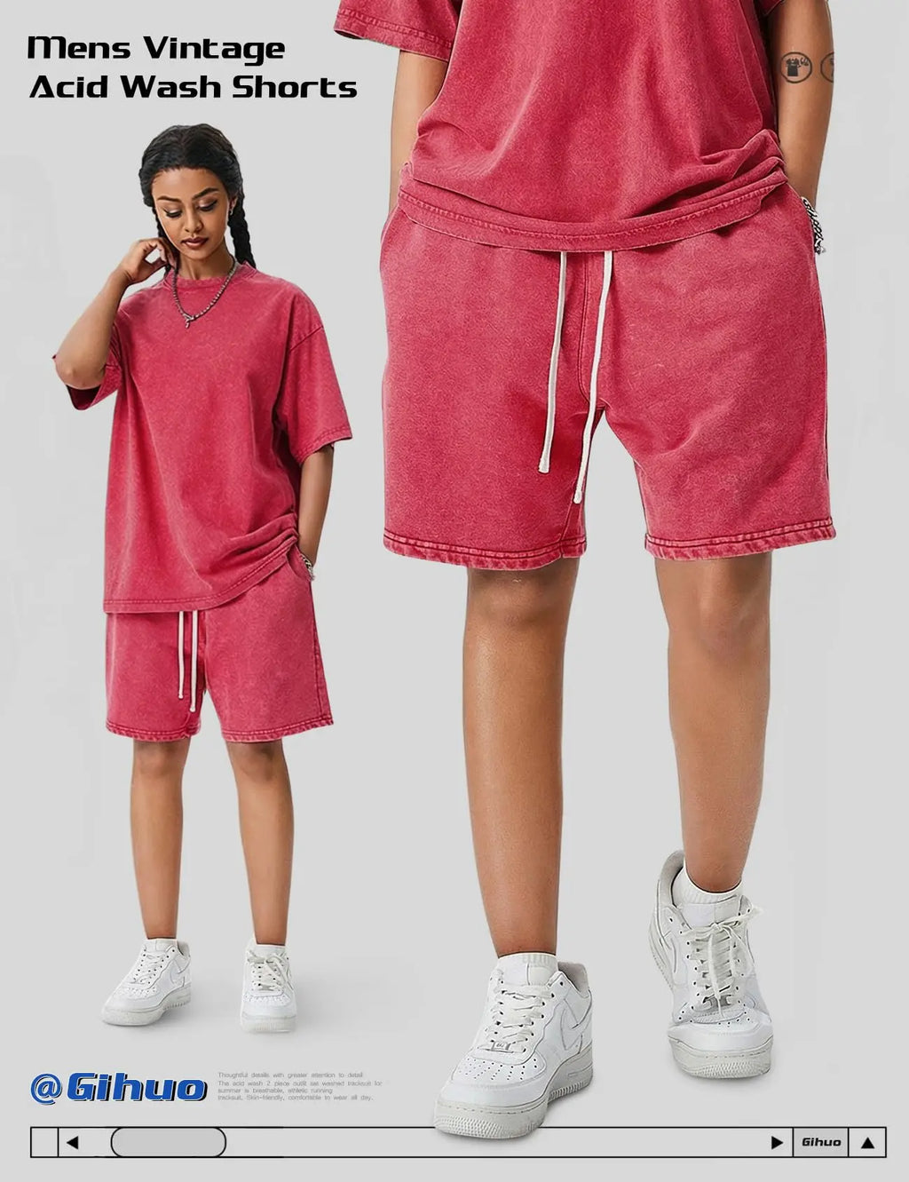Gihuo Mens Unisex Sweat Shorts Cotton Athletic Shorts Vintage Acid Wash Elastic Waist Drawstring Workout Shorts with Pockets Womenswear Basic Bottom Casual Minimalist