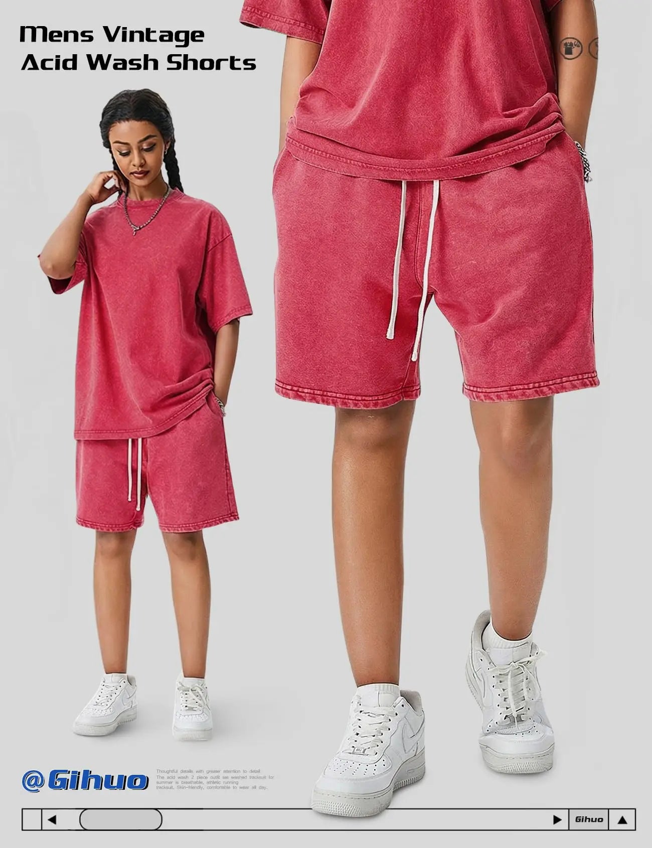 Gihuo Mens Unisex Sweat Shorts Cotton Athletic Shorts Vintage Acid Wash Elastic Waist Drawstring Workout Shorts with Pockets Womenswear Basic Bottom Casual Minimalist
