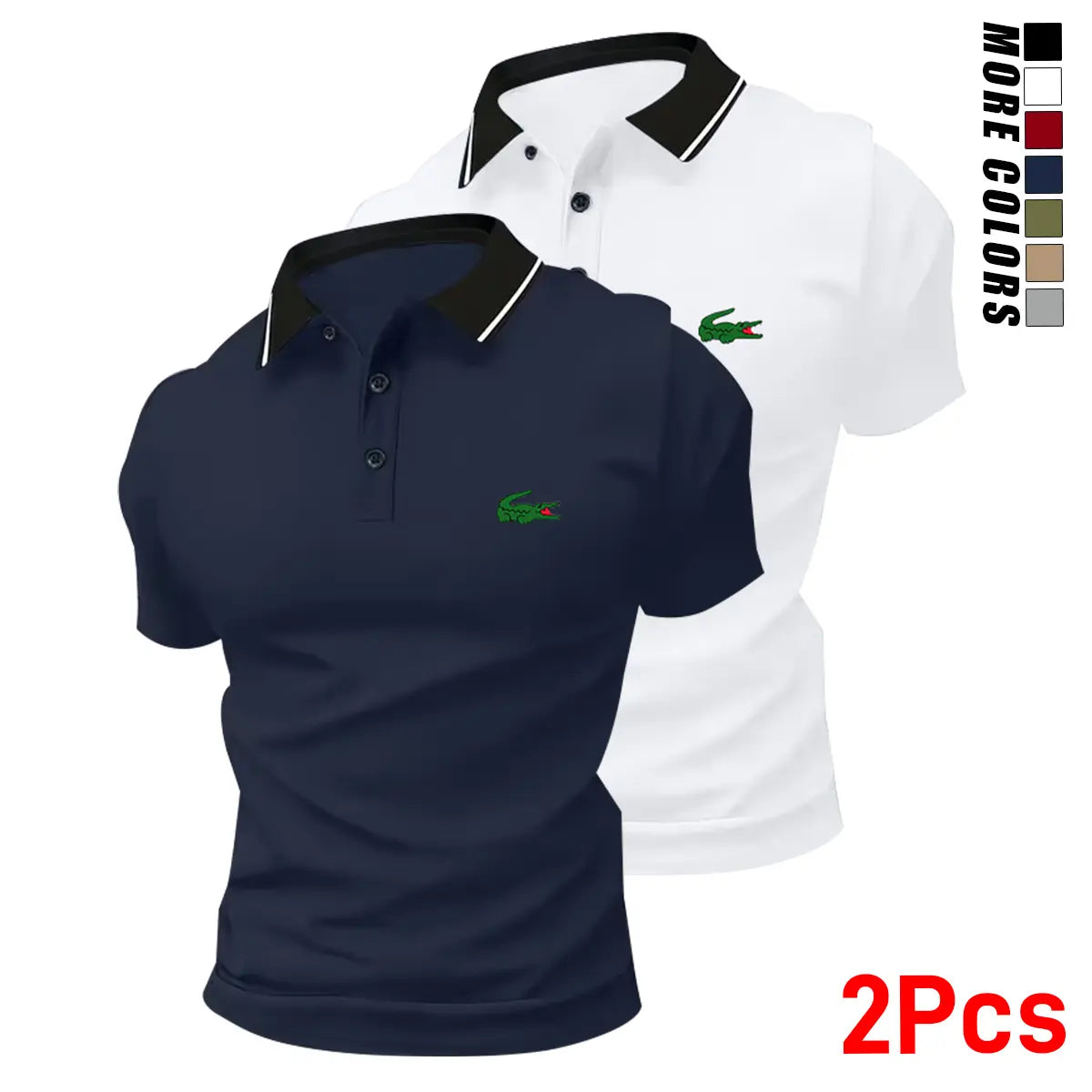Men’s stylish polo shirt set featuring a small green crocodile print (2 pieces). Fashionable business-casual polo shirts with turn-down collars—comfortable, breathable short sleeves for summer; ideal as a gift.,back to school,back to school shopping