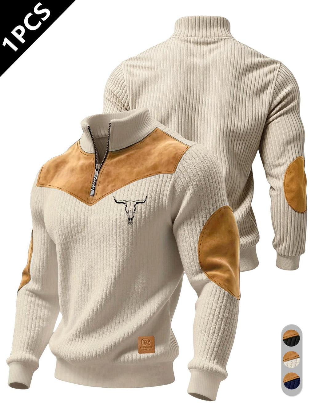 Men's Half-Zip Stand Collar Knit Top, Suede Texture Shoulder Patches, Bull Head Print, Slim Fit, Retro American Style, Casual Wear, Knitwear