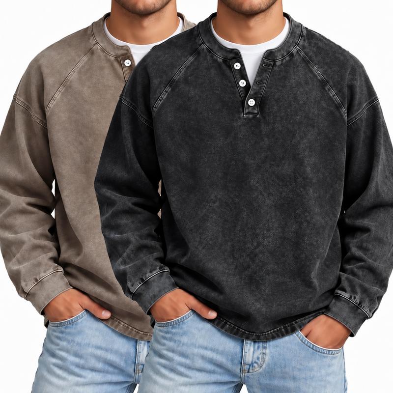 Men's Vintage Washed 3-Button Henley Long Sleeve Plain Pullover, Soft Polyester Oversized Relaxed-Fit Men's Clothing, Dark Brown Casual Streetwear, Dry Clean Compatible Stand Collar Shirt, Everyday Wear Outfits Ribbed Tshirt Wetsuit Menswear Beige Top
