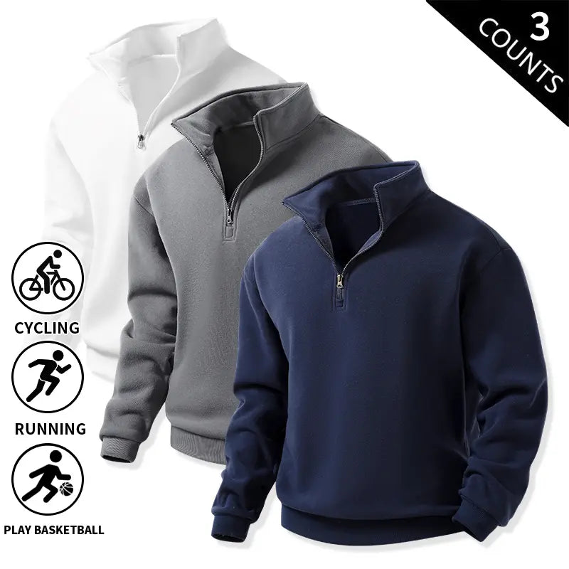 Men’s 3-Pack Quarter-Zip Fleece Sweatshirts, Soft Stand-Collar Loose-Fit Athletic Long-Sleeve Pullover Tops