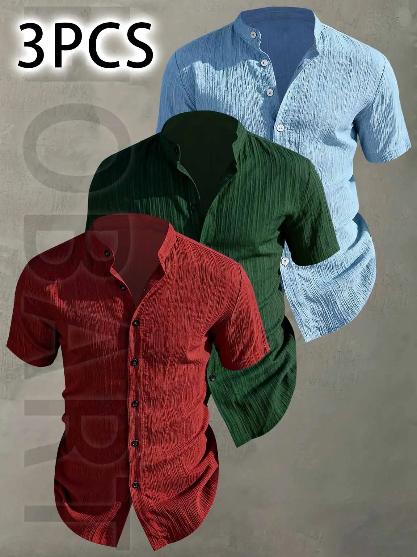 3pcs Men's Summer Lightweight Casual Button-Up Shirts with Stand Collar