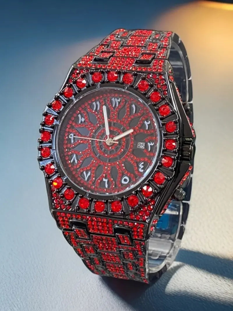 Men's Rhinestone Quartz Watch with Iced Dial