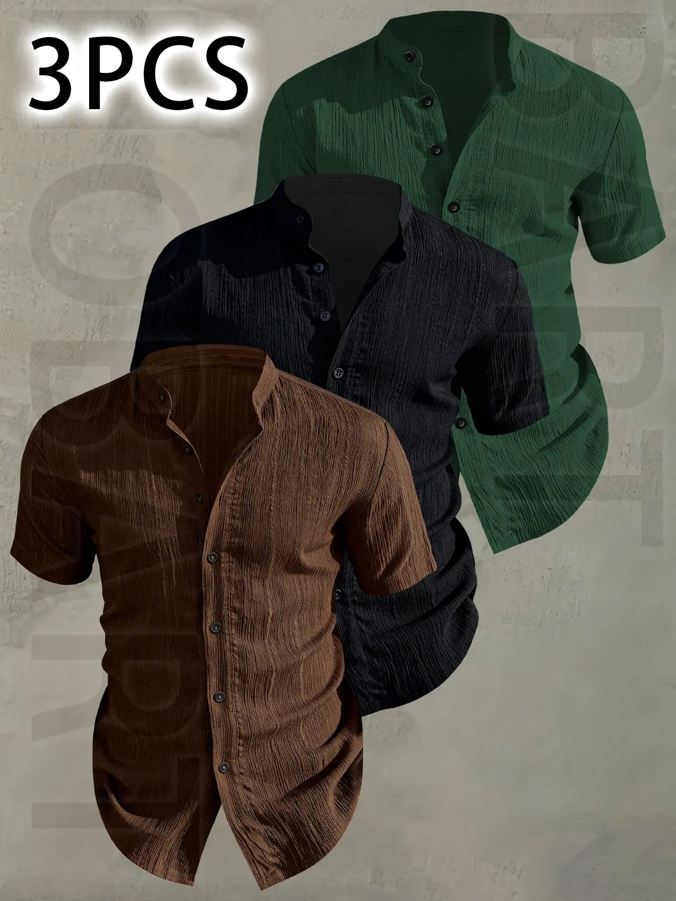 3pcs Men's Summer Lightweight Casual Button-Up Shirts with Stand Collar