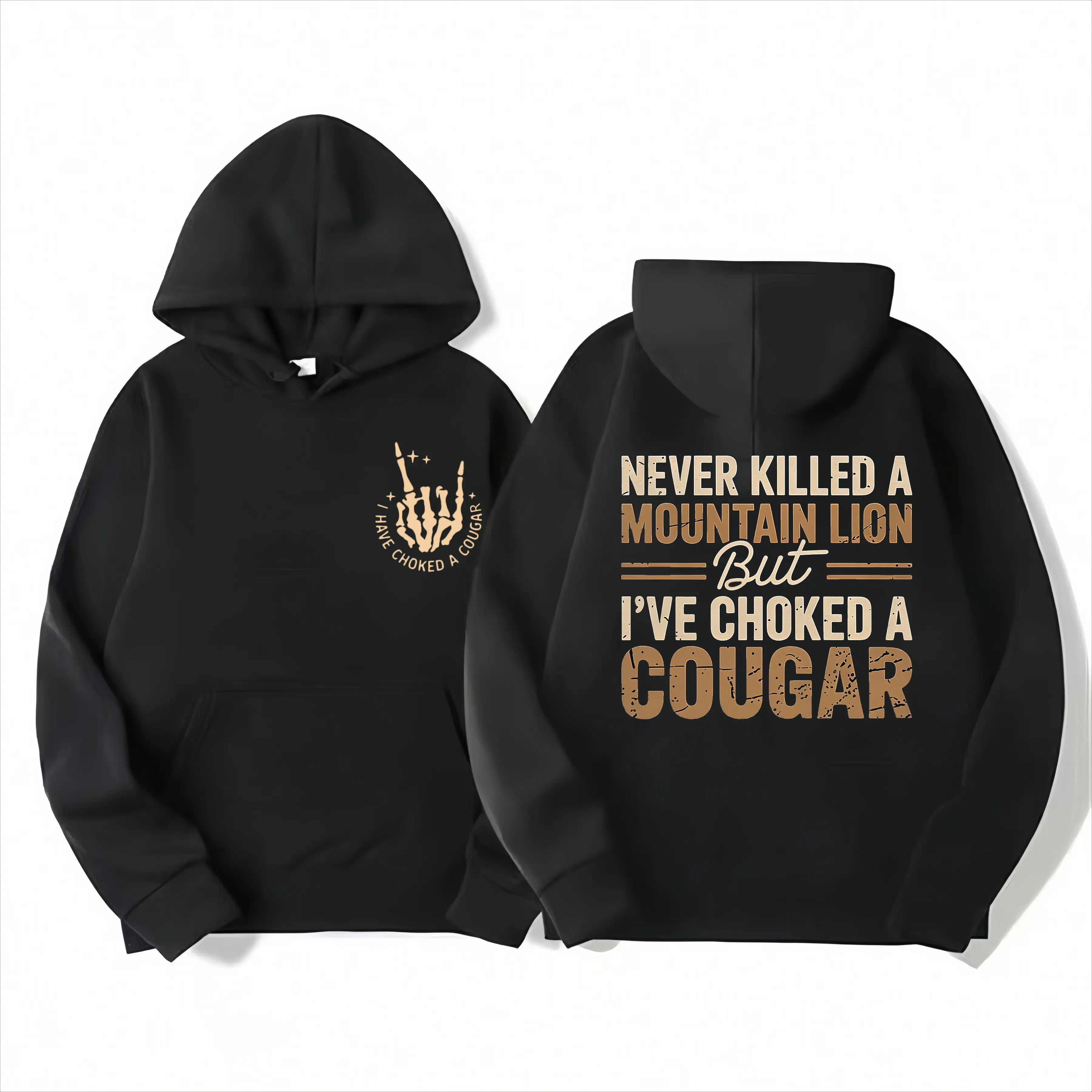 Never Killed a Mountain Lion But I have Choked a Cougar Funny Quote T-Shirt, Sarcastic Humor 2 Sided Graphic Design Unisex Cotton T-shirt for  for Women Womenswear Top Black Casual