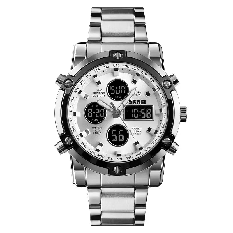 SKMEI Luxe Men's Casual Trendy Wristwatch - 2-Tone Stainless Steel Analog-Digital, 3 Time Zones, Illuminated Screen, Backlight, Alarm, Waterproof Chronograph Watch, Birthday Gift for Him