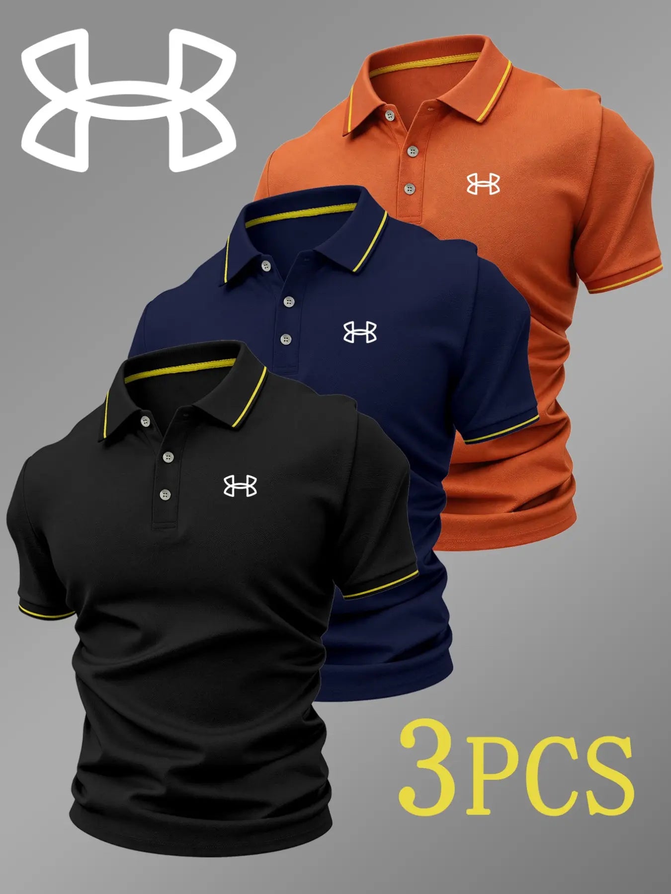 Men's Luxury Golf Polo Shirt Set, 3-Pack, Durable Collared Short-Sleeve Polos with Logo Print, Breathable Stretchy All-Season Casual Wear