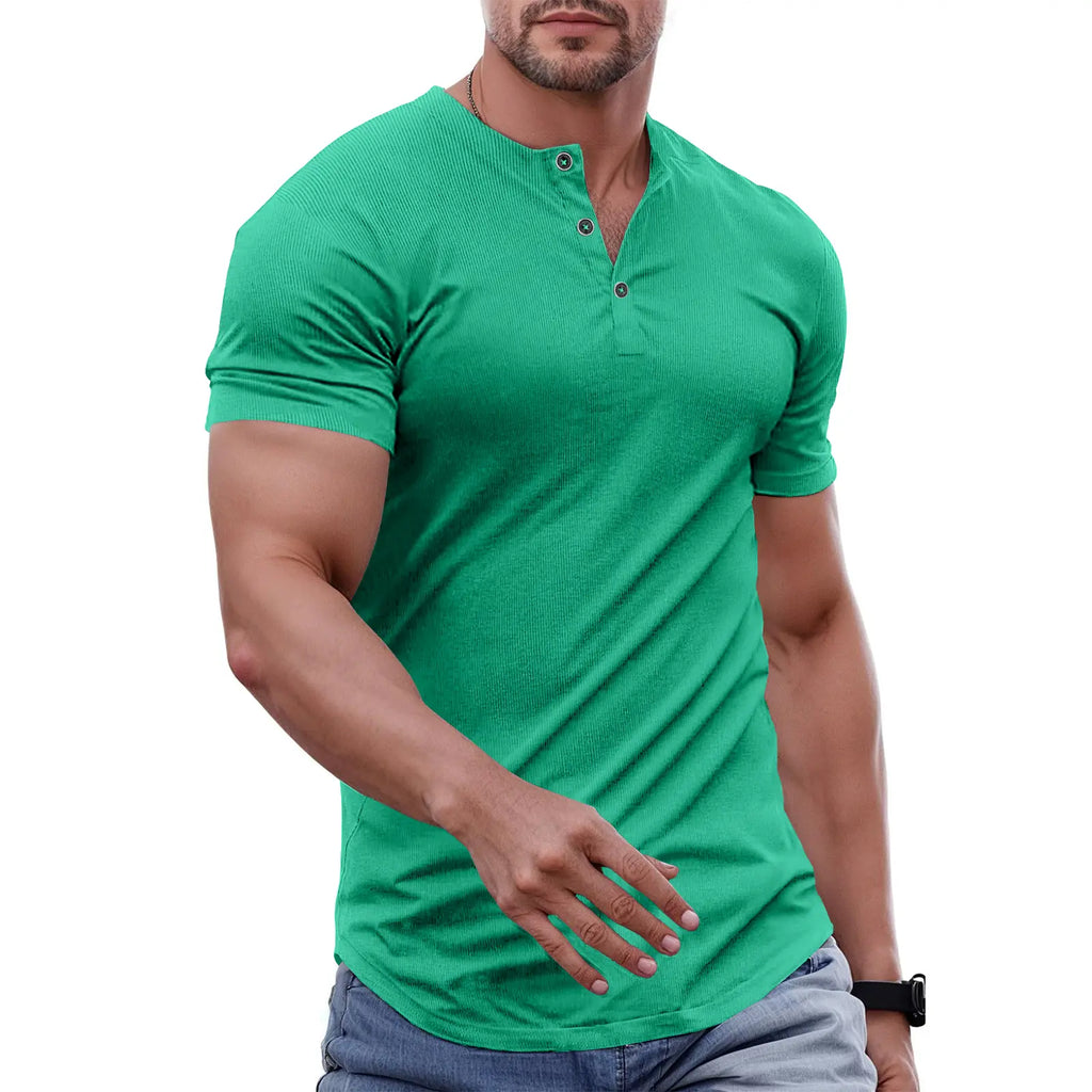 Men's Slim Fit Henley Athletic Longline Workout T-Shirt Heavyweight Stretch
