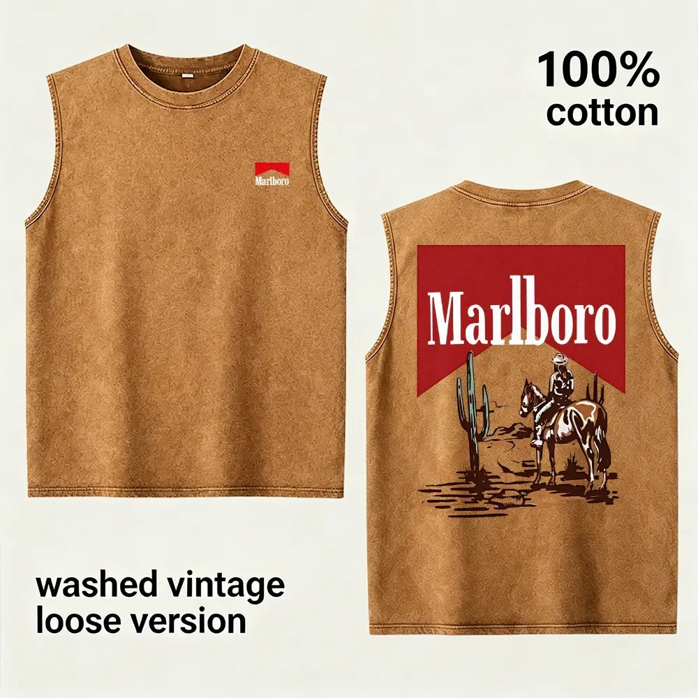 Vintage Washed Western Cowboy Sleeveless Tank Top for Men Women, 100% Cotton Oversized Desert Horse Rider Graphic Muscle Shirt, Retro Ranch Style Streetwear Tee, Casual Summer Gym Shirt, Gift for Boyfriend Husband Dad Country Fans