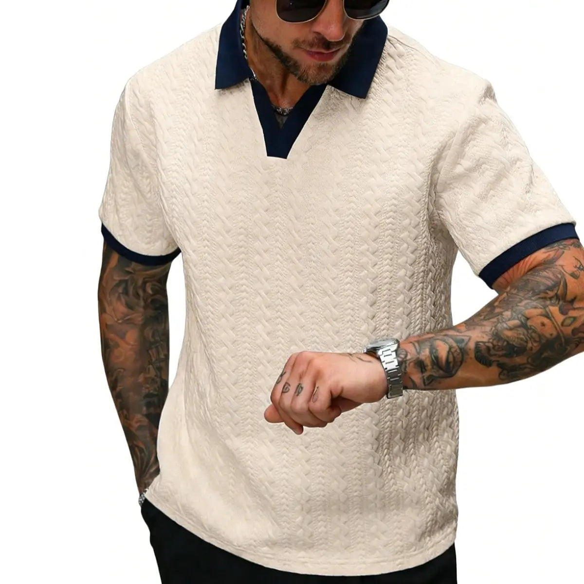 CasualCool Men's Old Money Contrast Knit Short-Sleeve Polo Shirt (Cream)