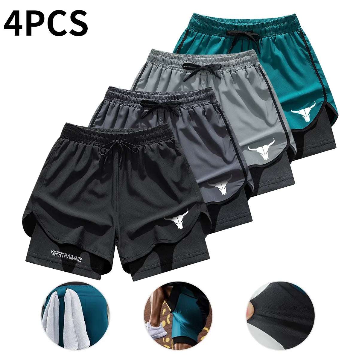 4-Pack Men's 2-in-1 Double-Layer Gym Shorts with Pockets