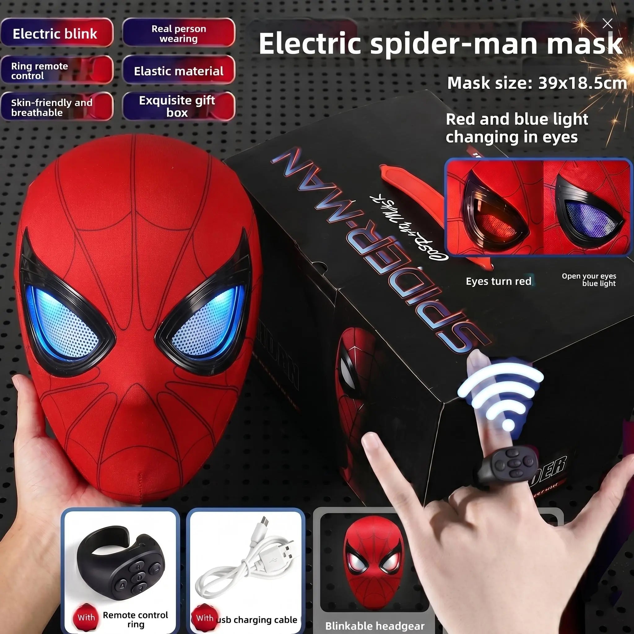 Cool Hero Mask Remote Control Skin-friendly Red & BlueLights Perfect for Cosplay, Halloween, Festivals, Parties -26cm x 19cm x 11cm - Plastic Material