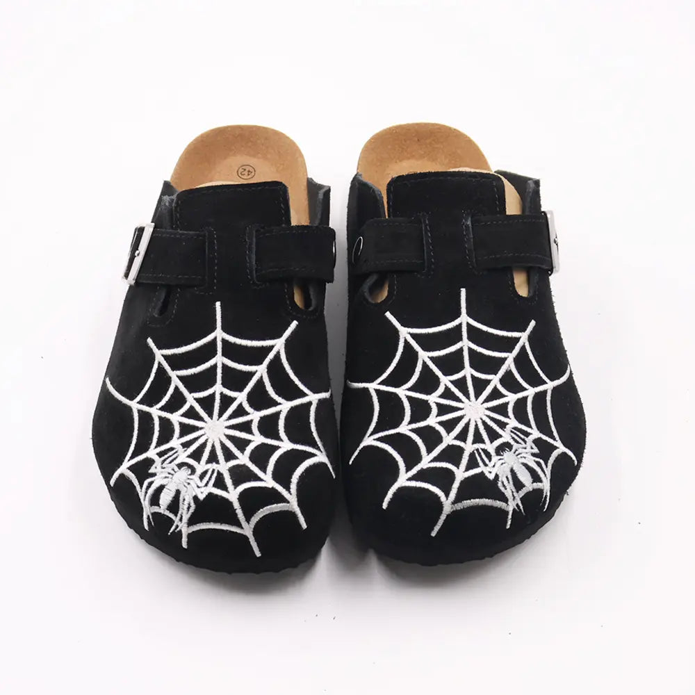 Gothic Men's Boston-Style Clogs with Spider & Web Embroidery, Comfort Cork Footbed, Adjustable Buckle Casual Slip-On Shoes
