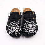 Gothic Men's Boston-Style Clogs with Spider & Web Embroidery, Comfort Cork Footbed, Adjustable Buckle Casual Slip-On Shoes