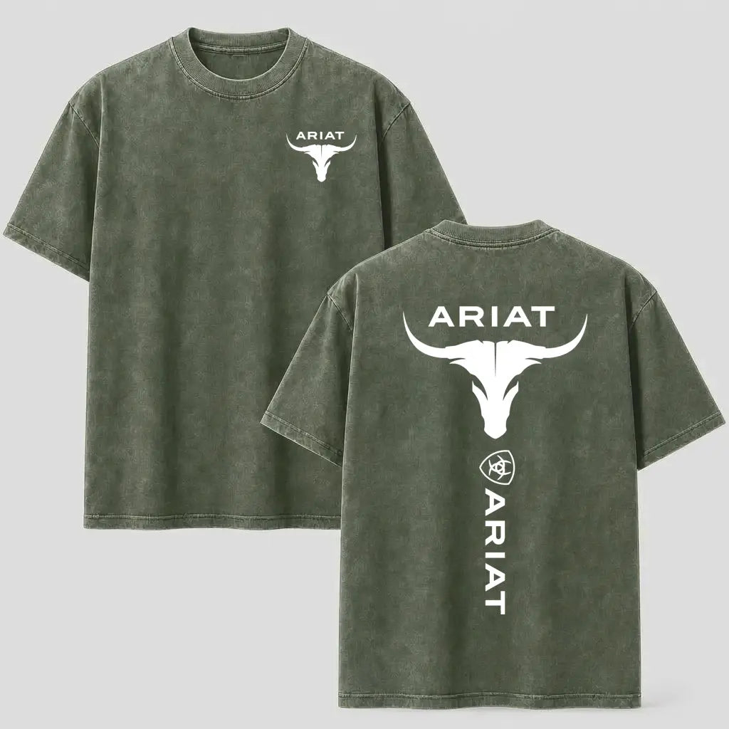 Western Style Bull Skull Graphic T-Shirt, Vintage Mineral Wash Cotton Tee
