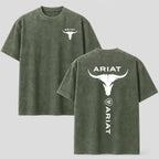Western Style Bull Skull Graphic T-Shirt, Vintage Mineral Wash Cotton Tee