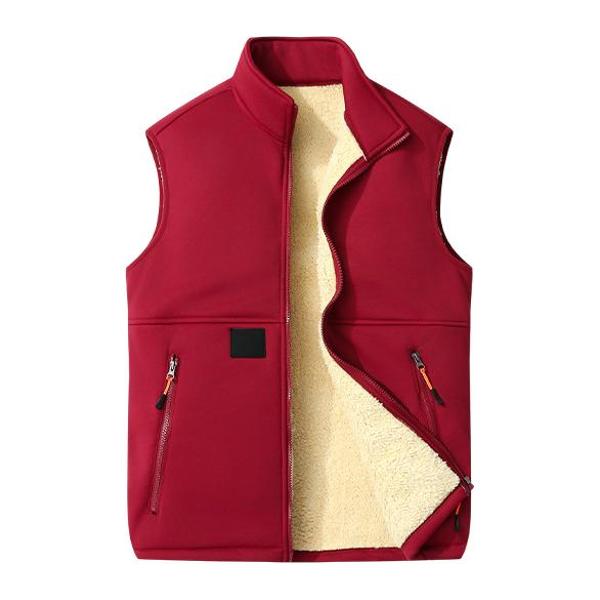 Men’s winter fleece-lined warm vest, sleeveless with full zipper closure and zippered pockets, available in multiple colors.