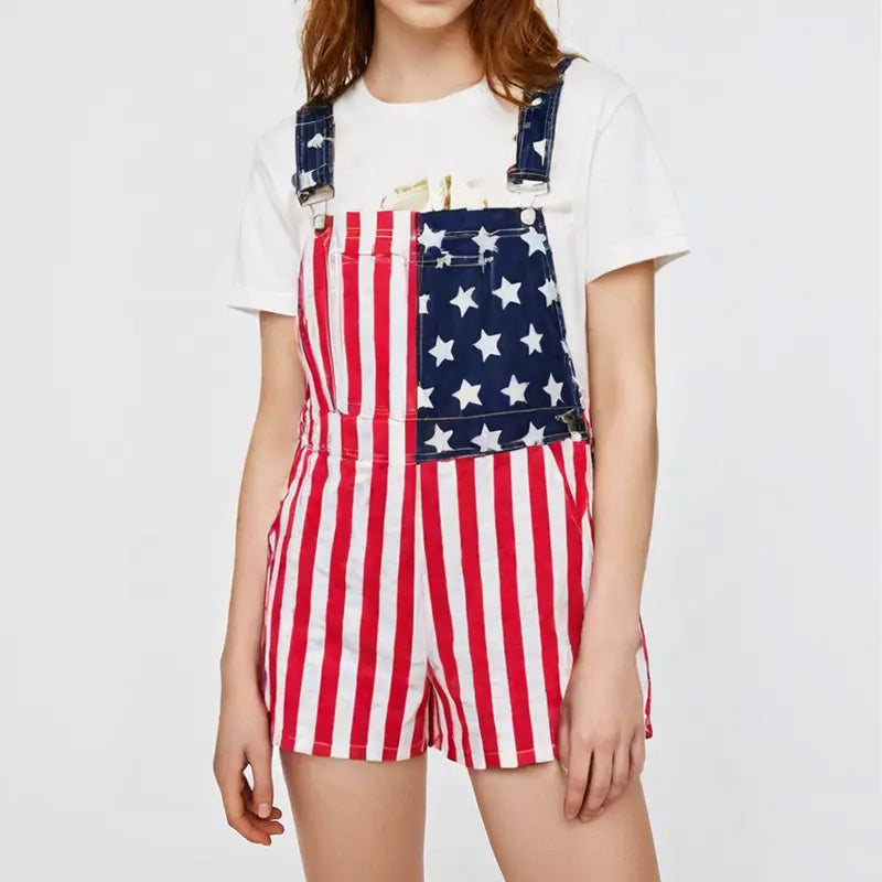 American Flag Overalls for Men and Women, Unisex Bib Pants with Soft Stretch Fabric, Breathable Summer Streetwear Outfit for Independence Day, Memorial Day, National Holiday Festivals, Parades, Parties and Casual Vacation Wear