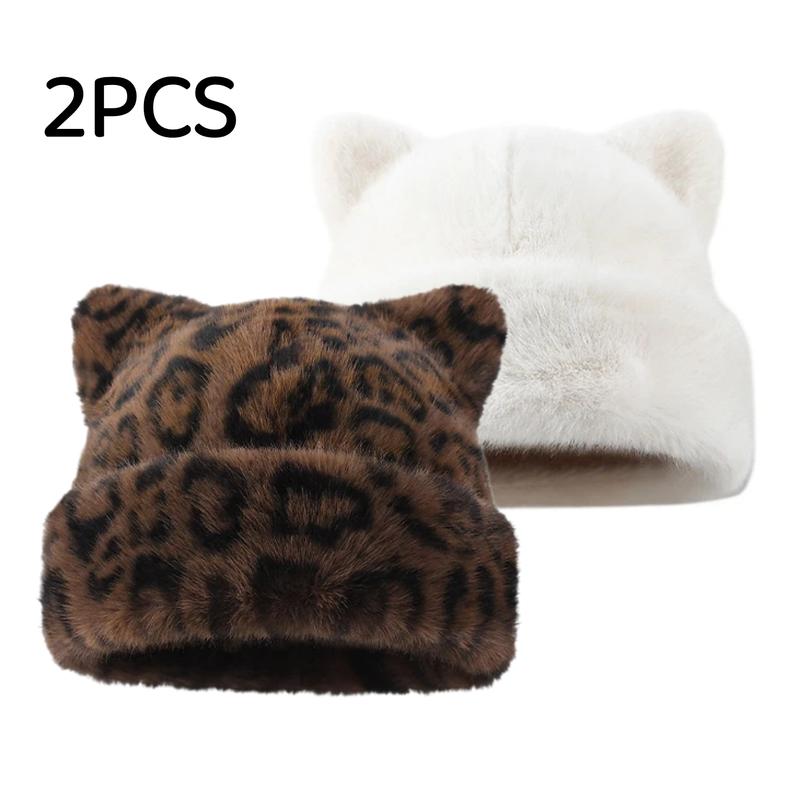 Cute Cat Ear Plush Hat, Fuzzy Leopard Print Winter Beanie, Soft Warm Cuffed Animal Hat for Women and Teens, Daily Wear, Holiday Gift