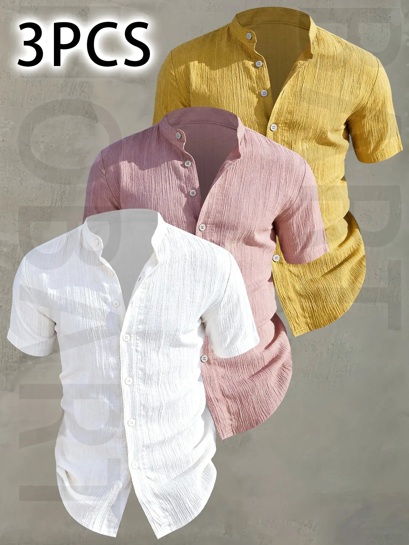 3pcs Men's Summer Lightweight Casual Button-Up Shirts with Stand Collar