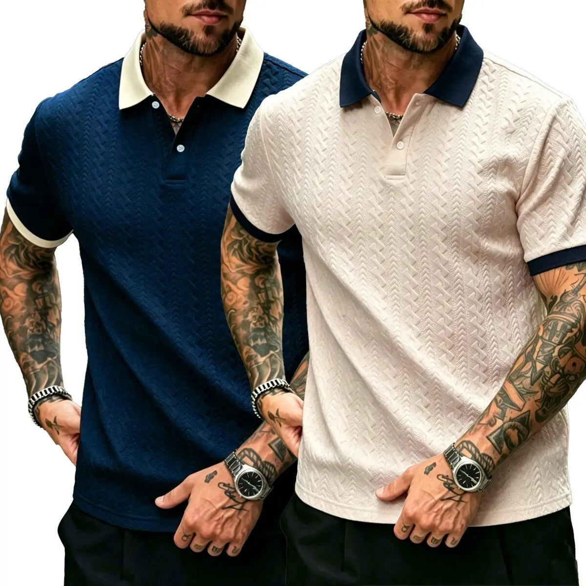 CasualCool Men's Old Money Contrast Knit Short-Sleeve Polo Shirt (Cream)
