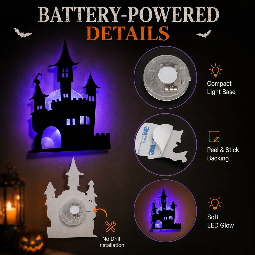 Halloween LED Silhouette Wall Light Stickers, Battery Powered Peel & Stick Decor Lights, No Drill PET Waterproof Wall Decor, Spooky Ghost Pumpkin Witch Bat Castle Spider Tree Ornaments for Home Window Door Party, 9/18/27 Pack Available