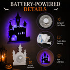 Halloween LED Silhouette Wall Light Stickers, Battery Powered Peel & Stick Decor Lights, No Drill PET Waterproof Wall Decor, Spooky Ghost Pumpkin Witch Bat Castle Spider Tree Ornaments for Home Window Door Party, 9/18/27 Pack Available