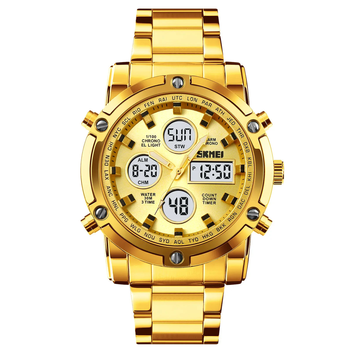 Luxe Men's Stainless Steel Analog-Digital Watch with Backlight and Alarm