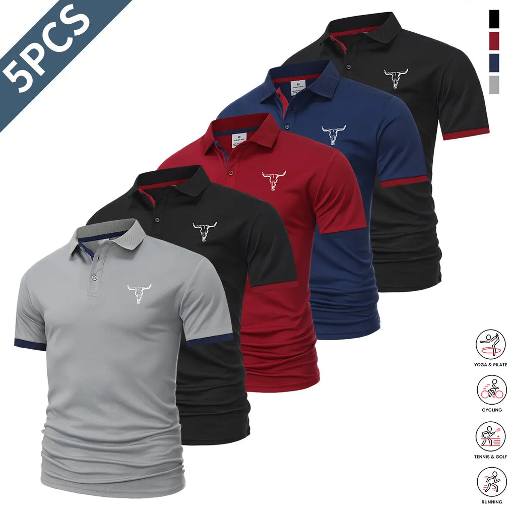 5-piece set: casual men’s short-sleeve polo shirt, quick-dry golf and tennis shirts, comfortable riding apparel, fashionable men’s sportswear; suitable for casual gatherings and holiday travel; contrast design at the neckline and sleeves.
