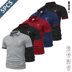 5-piece set: casual men’s short-sleeve polo shirt, quick-dry golf and tennis shirts, comfortable riding apparel, fashionable men’s sportswear; suitable for casual gatherings and holiday travel; contrast design at the neckline and sleeves.