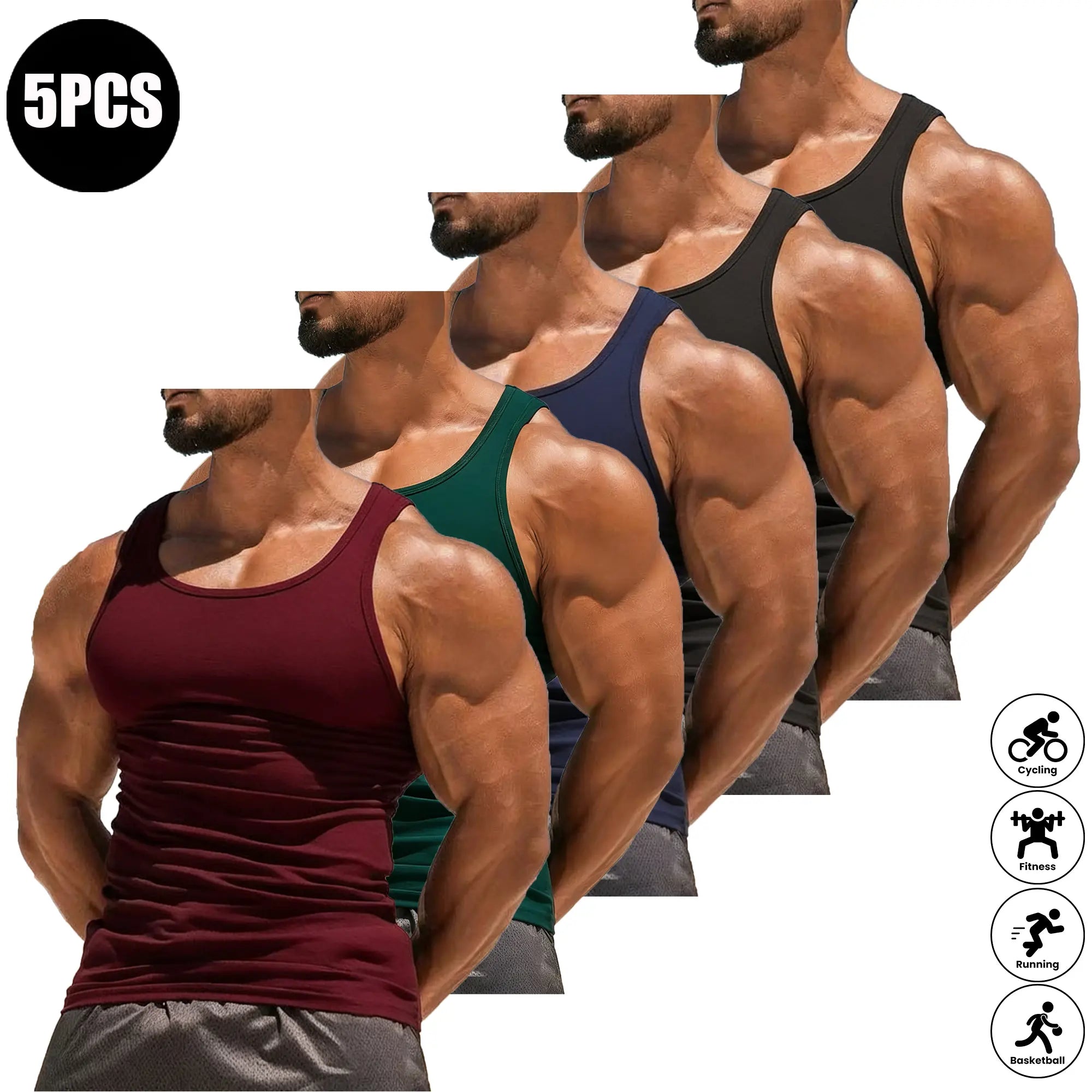 Men’s Summer 5-Pack Solid Color Tank Tops, Lightweight Breathable High-Stretch Sports Shirts, Suitable for Fitness Workouts and Everyday Wear, Plain, Athletic Apparel