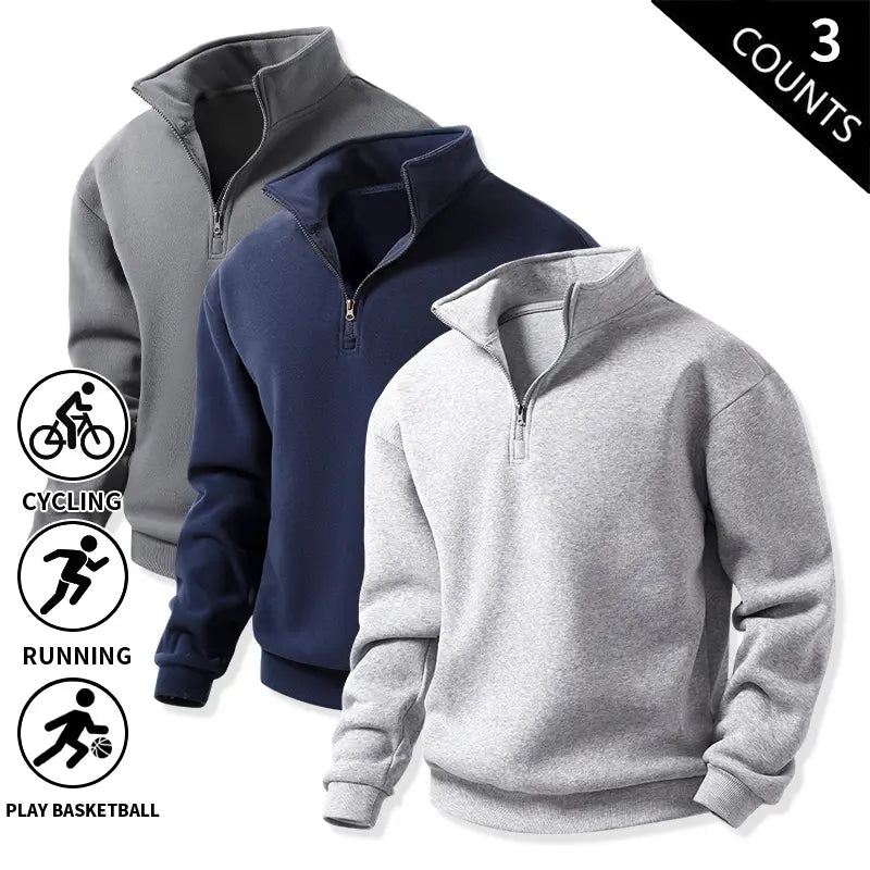 Men’s 3-Pack Quarter-Zip Fleece Sweatshirts, Soft Stand-Collar Loose-Fit Athletic Long-Sleeve Pullover Tops