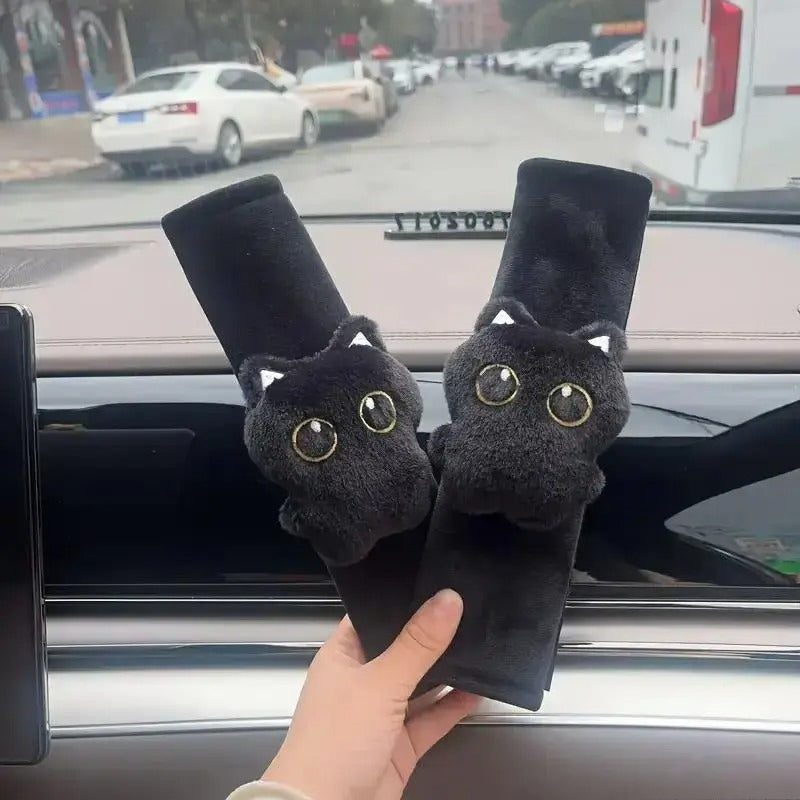 Cute Black Cat Seat Belt Cover, Soft Plush Shoulder Pad Car Accessory