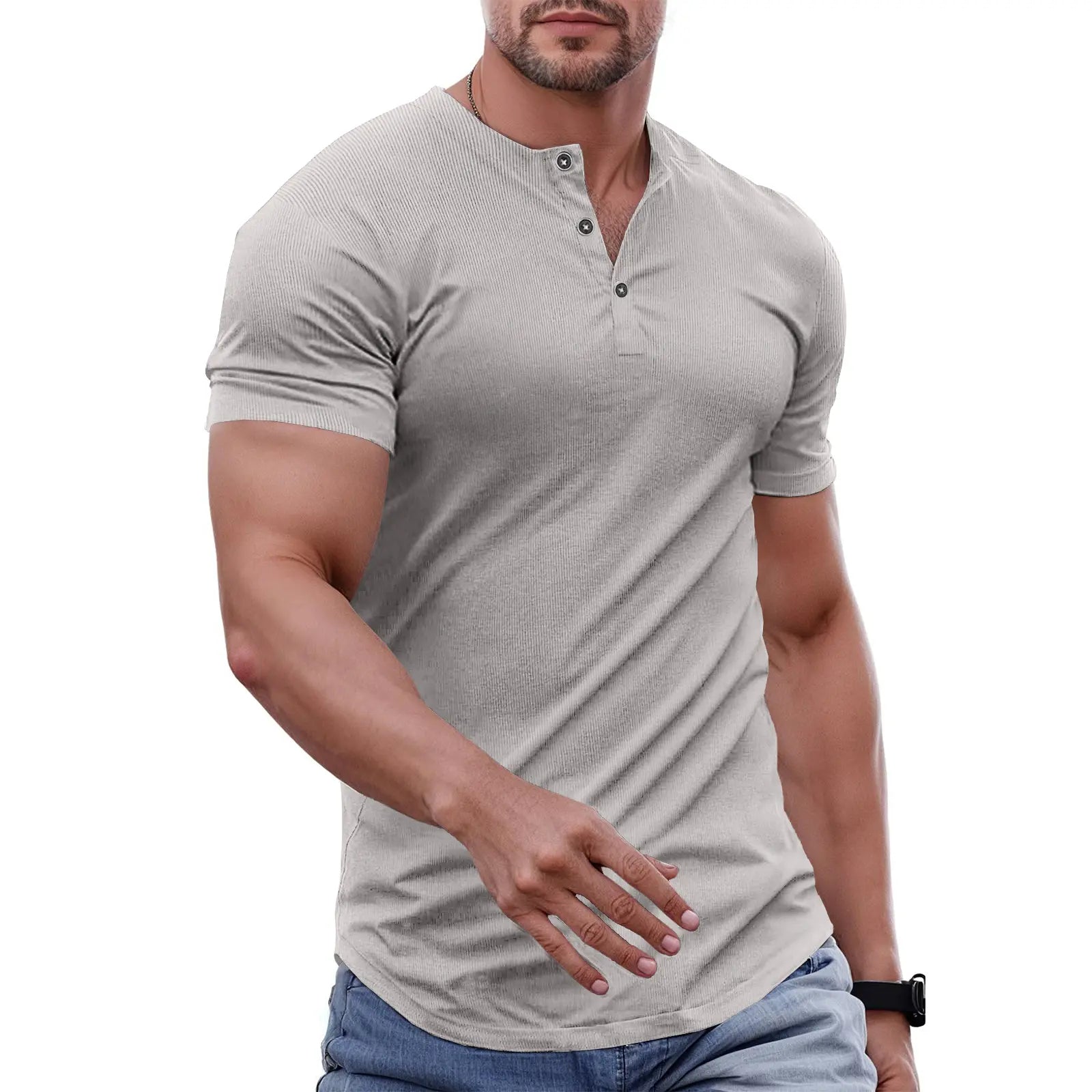 Men's Slim Fit Henley Athletic Longline Workout T-Shirt Heavyweight Stretch