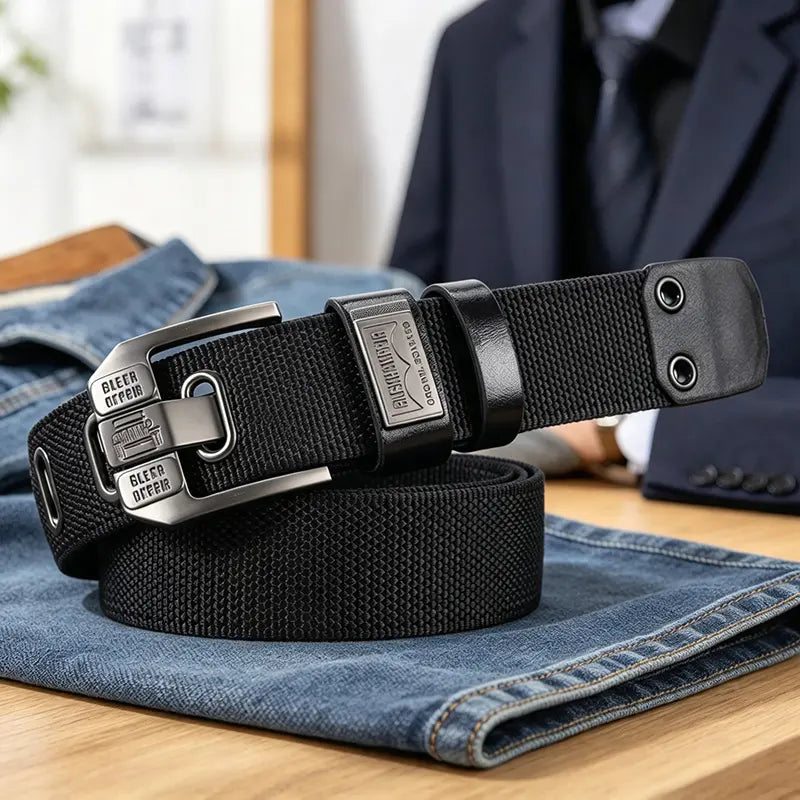 Unisex Minimalist Stylish Waistband Belt (1-Piece), Casual Business Trendy Belt for Women, Buckle-Free Easy Adjustable Holeless Eyelet-Free Cotton-PU Leather Strap, Large Square Alloy Buckle with Brass Accents, Durable Flexible Slip-On, Holiday Gift