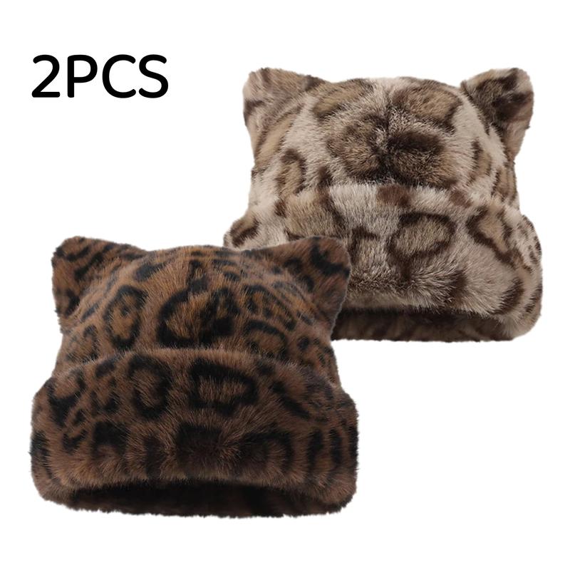Cute Cat Ear Plush Hat, Fuzzy Leopard Print Winter Beanie, Soft Warm Cuffed Animal Hat for Women and Teens, Daily Wear, Holiday Gift
