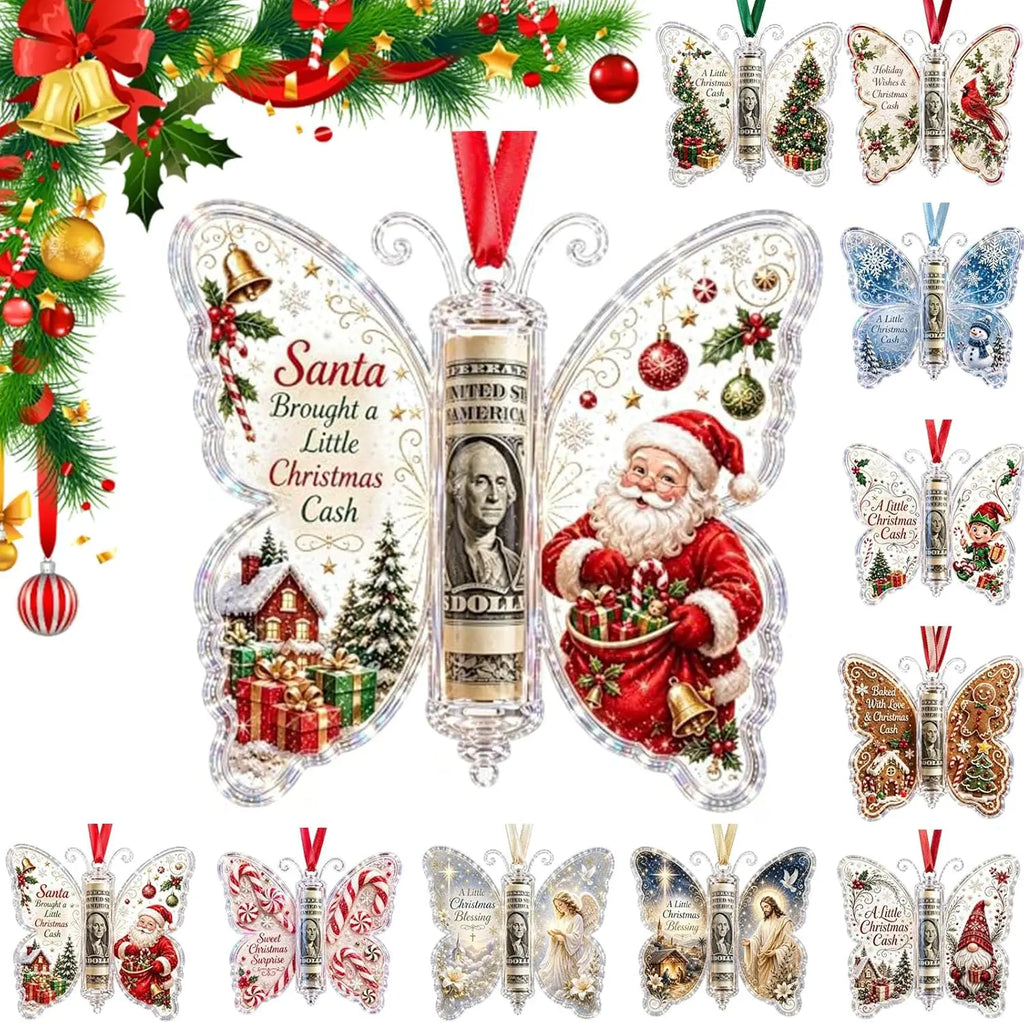 Christmas Cash Gift Ornament - Butterfly Money Holder with Acrylic (5Pcs/1 Set) Clear cash display with transparent holder, a creative Christmas gift idea for holiday tree hanging ornament decor (Peel Off Protective Film for Crystal Clear View)