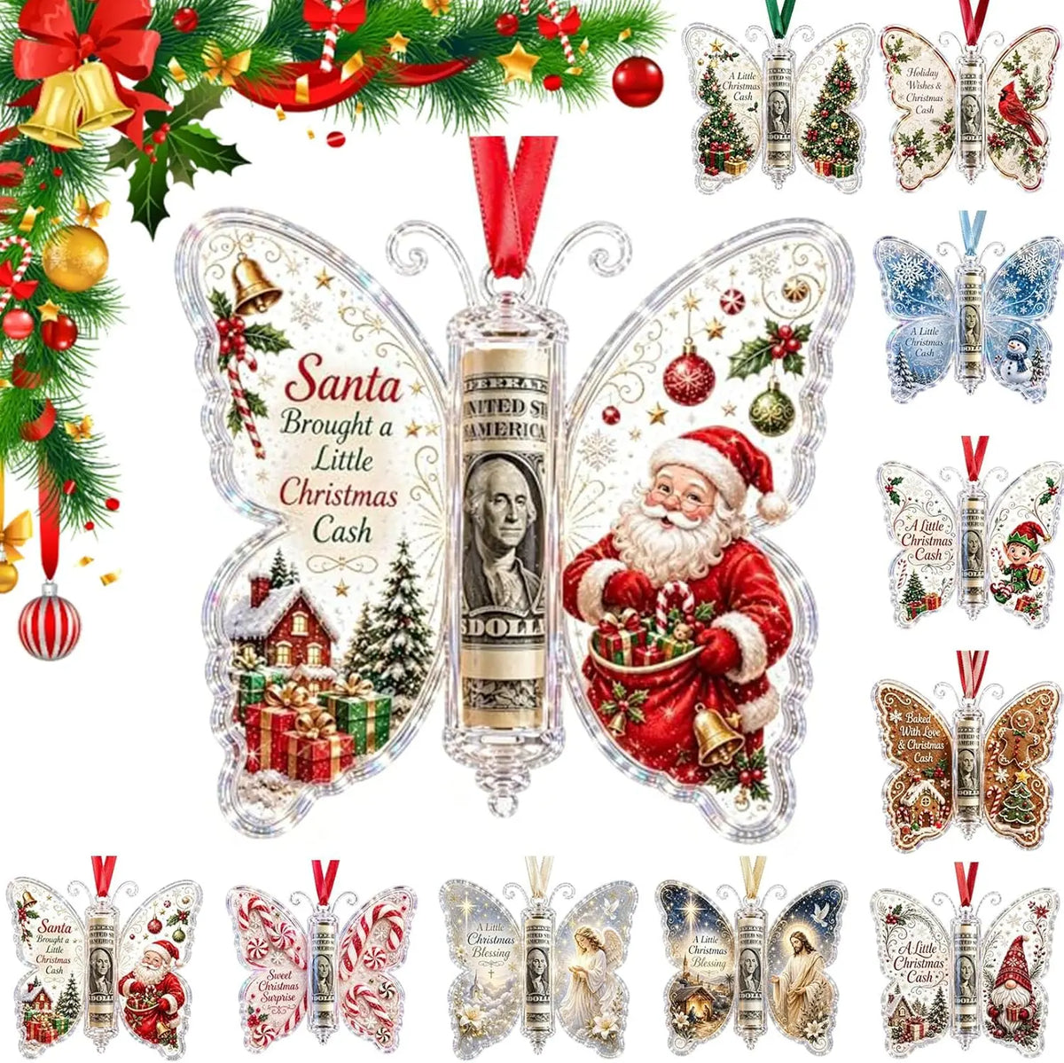Christmas Cash Gift Ornament - Butterfly Money Holder with Acrylic (5Pcs/1 Set) Clear cash display with transparent holder, a creative Christmas gift idea for holiday tree hanging ornament decor (Peel Off Protective Film for Crystal Clear View)