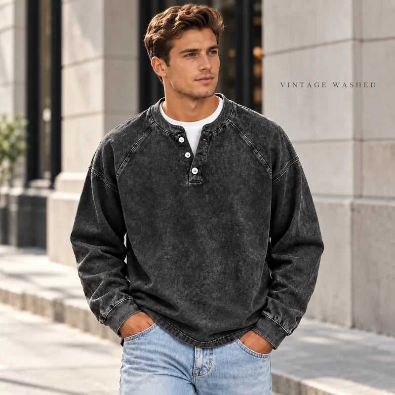 Men's Vintage Washed 3-Button Henley Long Sleeve Plain Pullover, Soft Polyester Oversized Relaxed-Fit Men's Clothing, Dark Brown Casual Streetwear, Dry Clean Compatible Stand Collar Shirt, Everyday Wear Outfits Ribbed Tshirt Wetsuit Menswear Beige Top