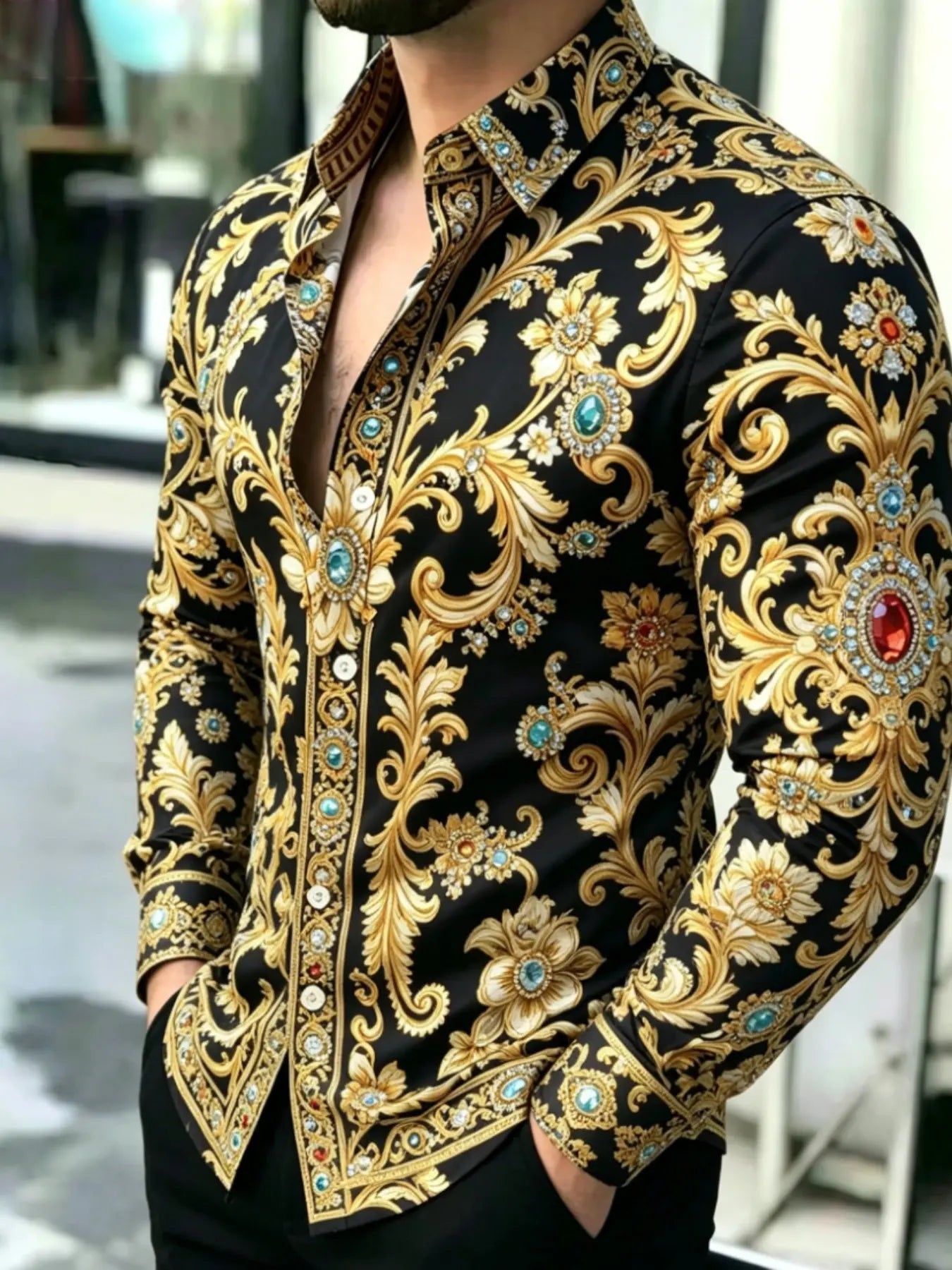 Men's Vintage Baroque Print Long Sleeve Shirt, Casual Collared Top, Collared Button Down, Button Front Shirts, Slim-Fitting, All Seasons, Classic Style, Comfortable and Stylish