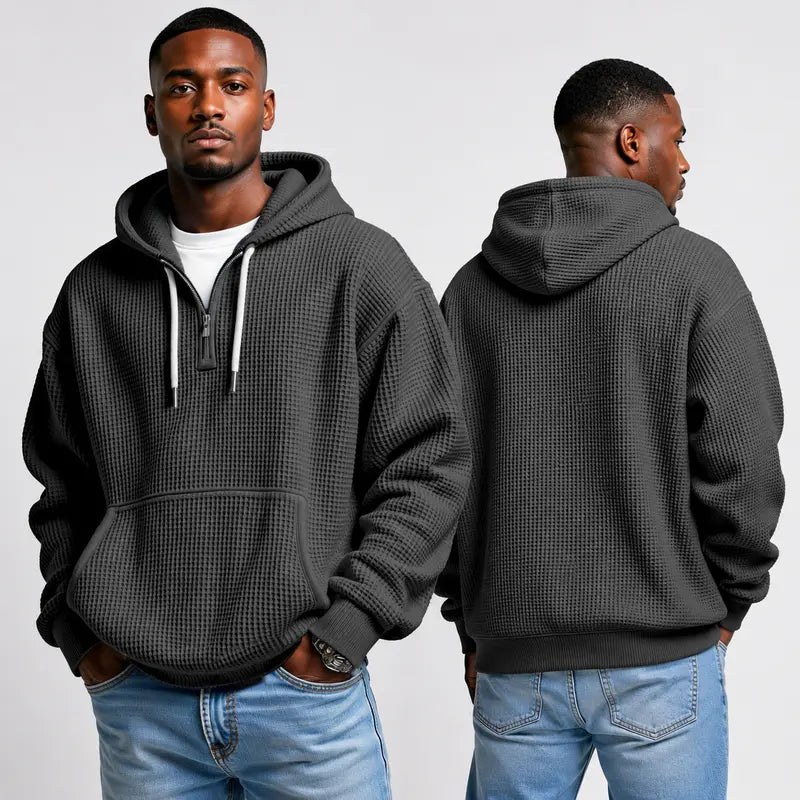 Men's Waffle Knit Half Zip Hoodie with Kangaroo Pocket