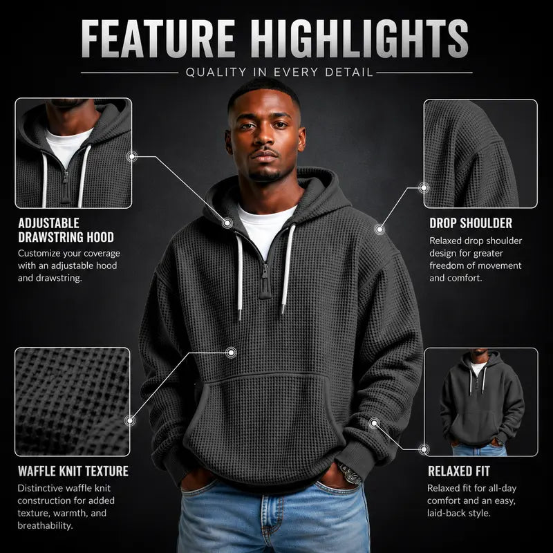 Men's Waffle Knit Half Zip Hoodie with Kangaroo Pocket