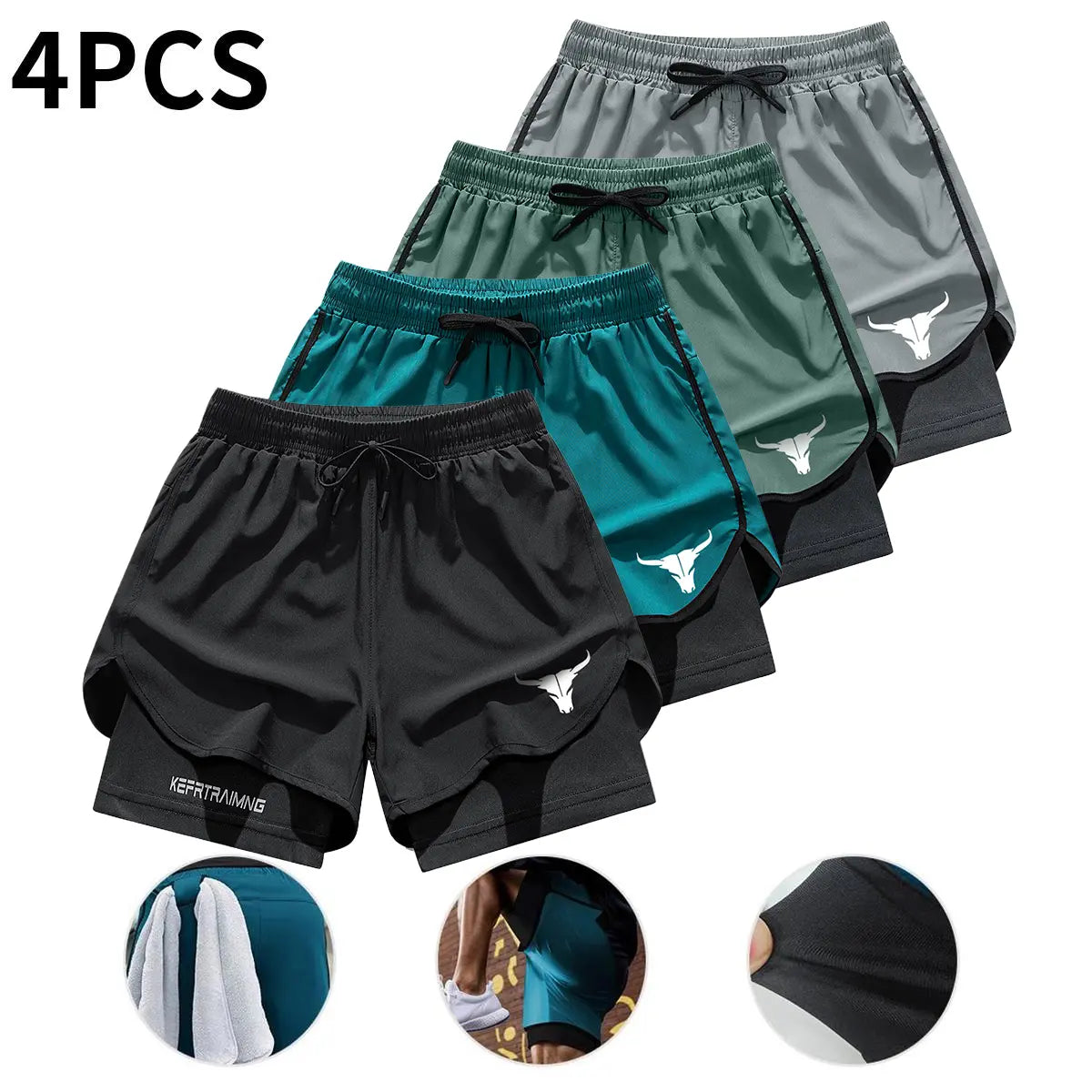 4-Pack Men's 2-in-1 Double-Layer Gym Shorts with Pockets