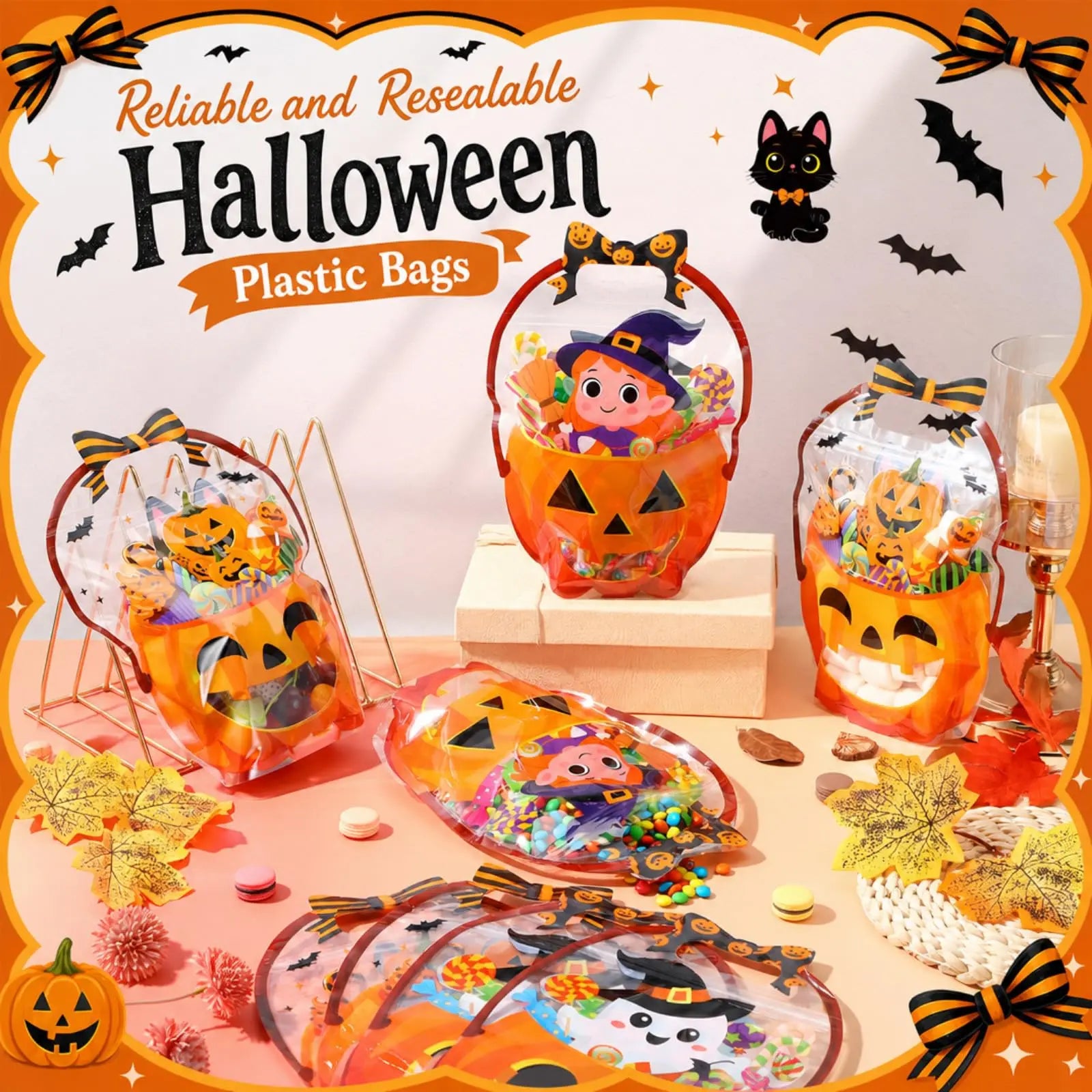 24/50 Pcs Halloween Goodie Bags Plastic Candy Bag Trick or Treat Bags with Cauldron Skeleton black Cat Skull Pumpkin Design,Treat Bags for Student Teacher Colleagues Neighbors,Classroom Snack Storage for Halloween Birthday Party Favor Supplies