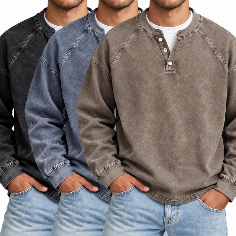 Men's Vintage Washed 3-Button Henley Long Sleeve Plain Pullover, Soft Polyester Oversized Relaxed-Fit Men's Clothing, Dark Brown Casual Streetwear, Dry Clean Compatible Stand Collar Shirt, Everyday Wear Outfits Ribbed Tshirt Wetsuit Menswear Beige Top