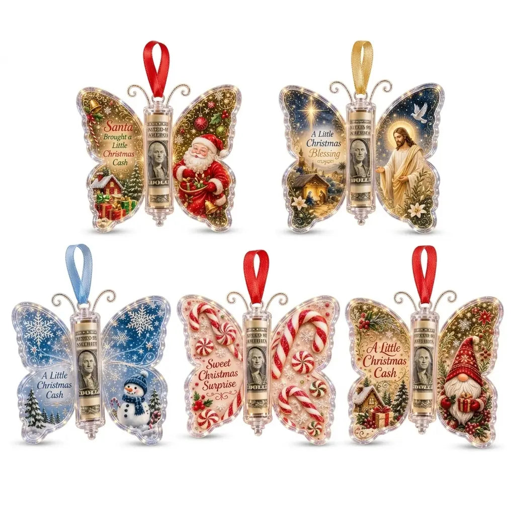 Christmas Cash Gift Ornament - Butterfly Money Holder with Acrylic (5Pcs/1 Set) Clear cash display with transparent holder, a creative Christmas gift idea for holiday tree hanging ornament decor (Peel Off Protective Film for Crystal Clear View)