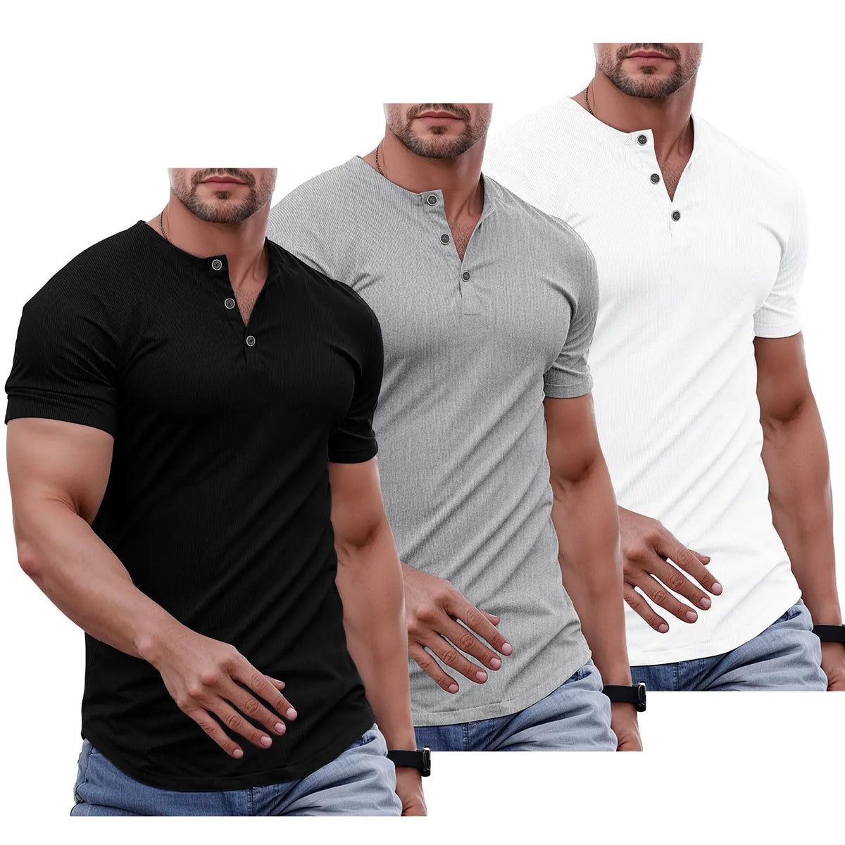 Men's Slim Fit Henley Athletic Longline Workout T-Shirt Heavyweight Stretch