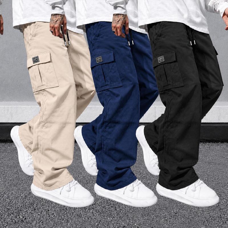URMCZ Men's 3-Pack Basic Menswear Plain Cargo Pants, Wide Leg Elastic Belt Loose Work Trousers with Pockets, Comfortable Day Outdoor Hiking Bottoms